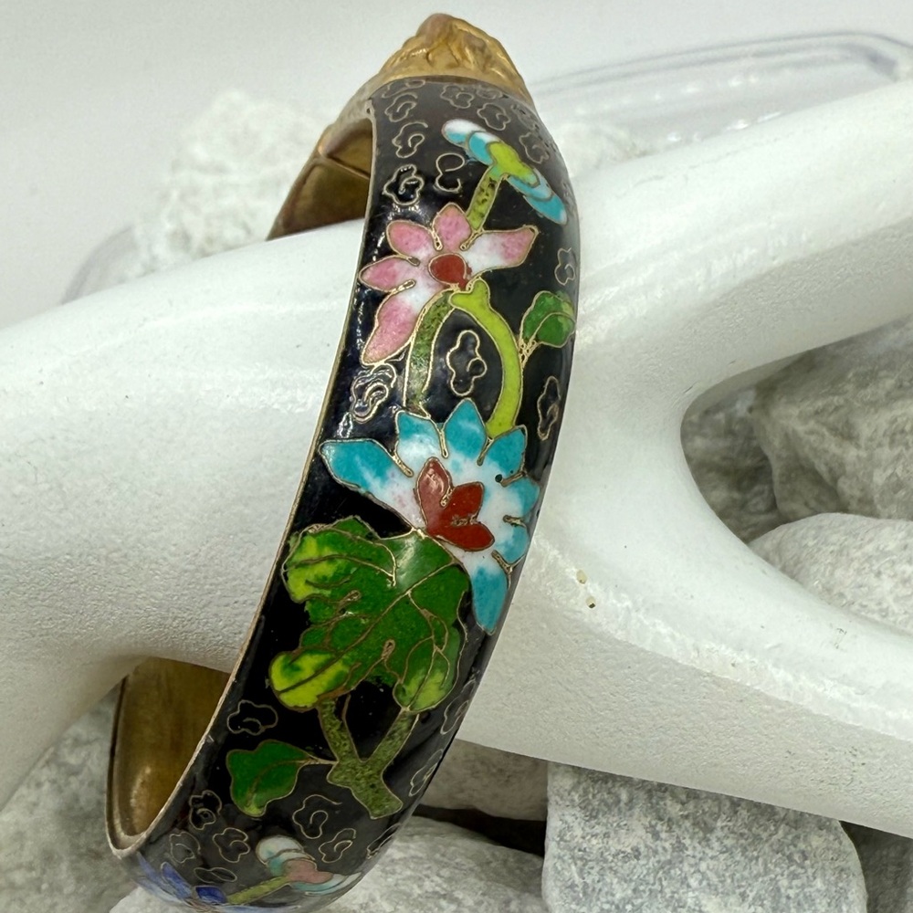Vintage Cloisonné Twin Dragon Bangle Bracelet Black Enamel Floral 2.5” - Picture 11 of 17